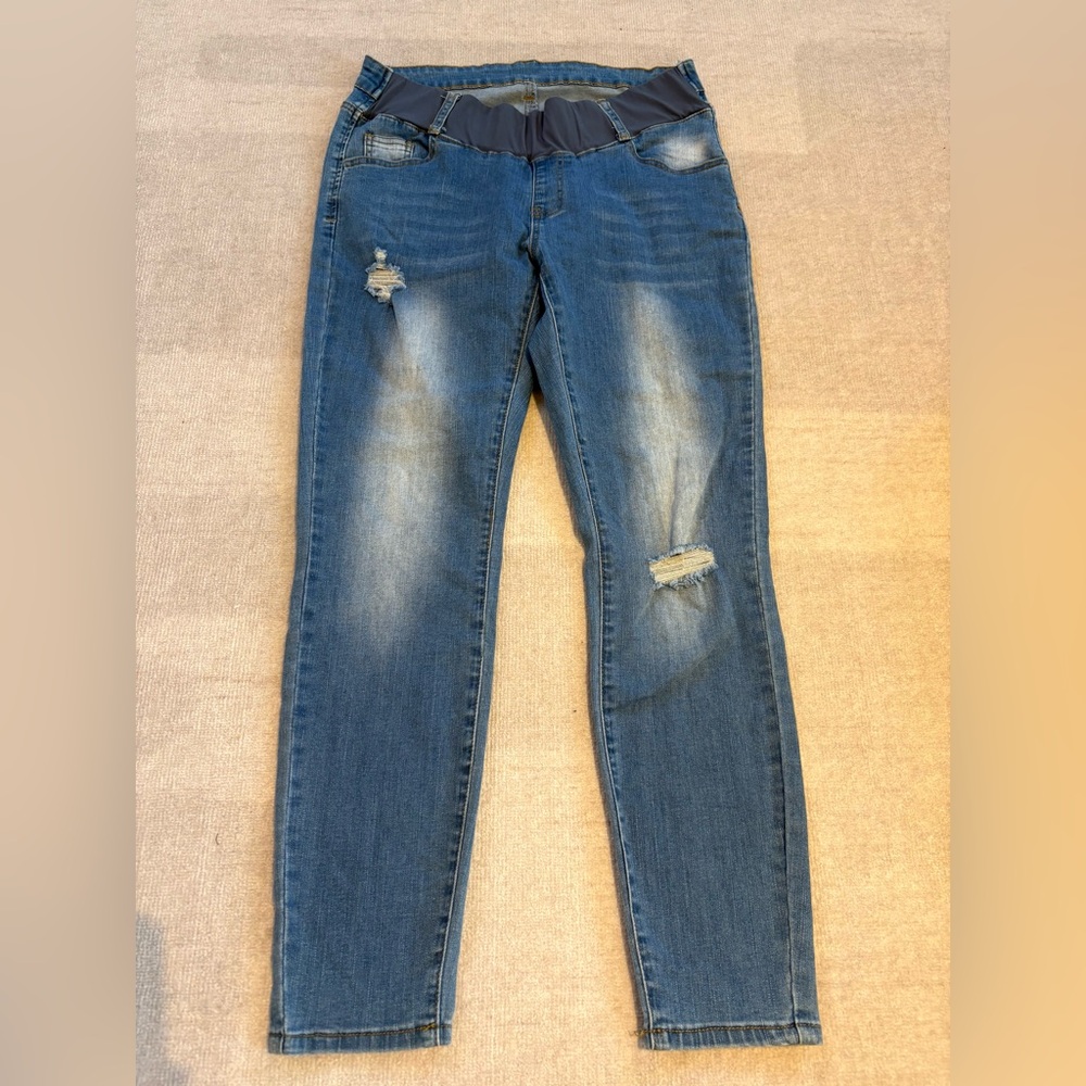 Stylish Blue Distressed Women's Maternity Skinny Jeans